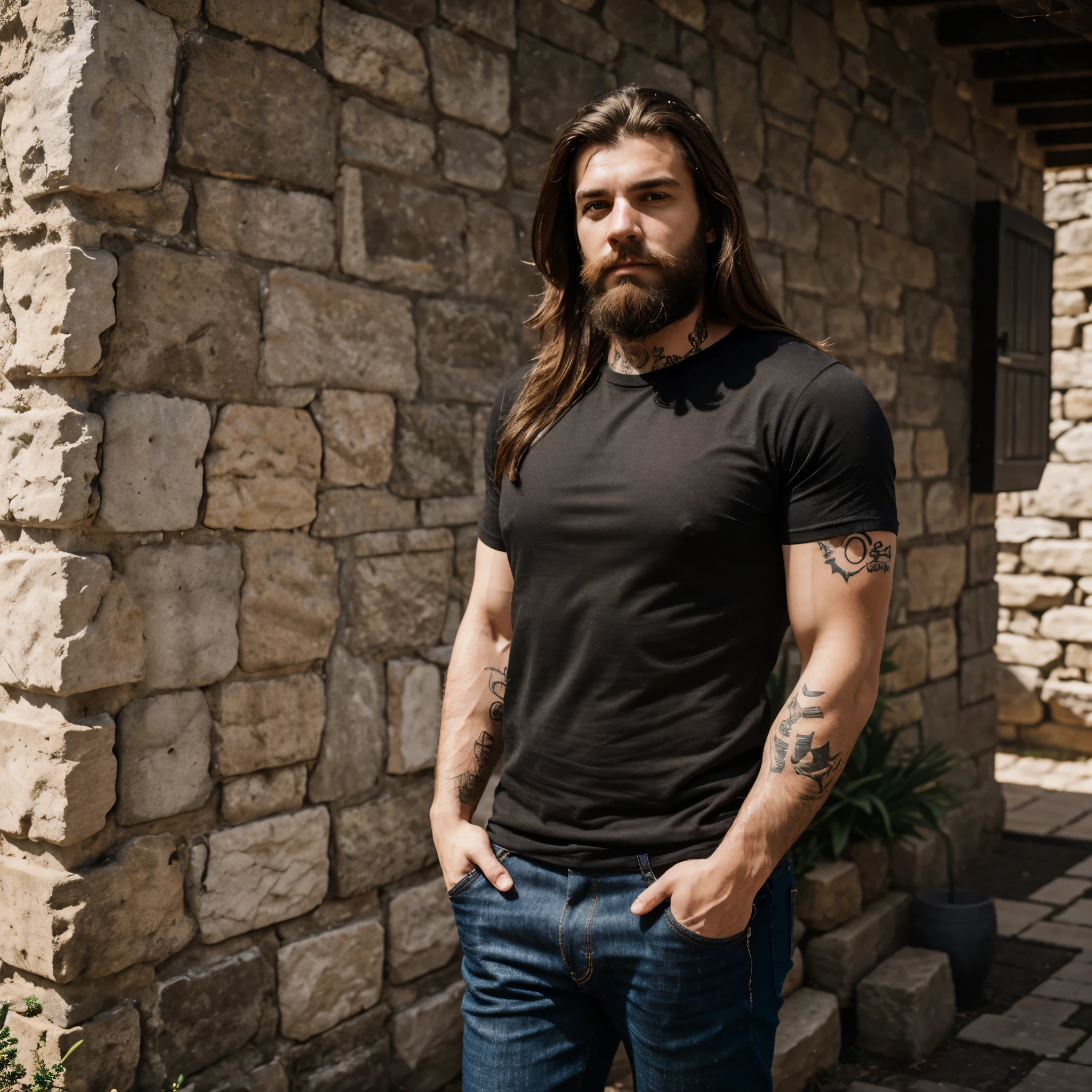 man, 90kg, beard, long hair, rocker, tattoos, simple plain black t-shirt, jeans, stone wall in the background, natural light, photography, ultra realistic, 4k, hdr,