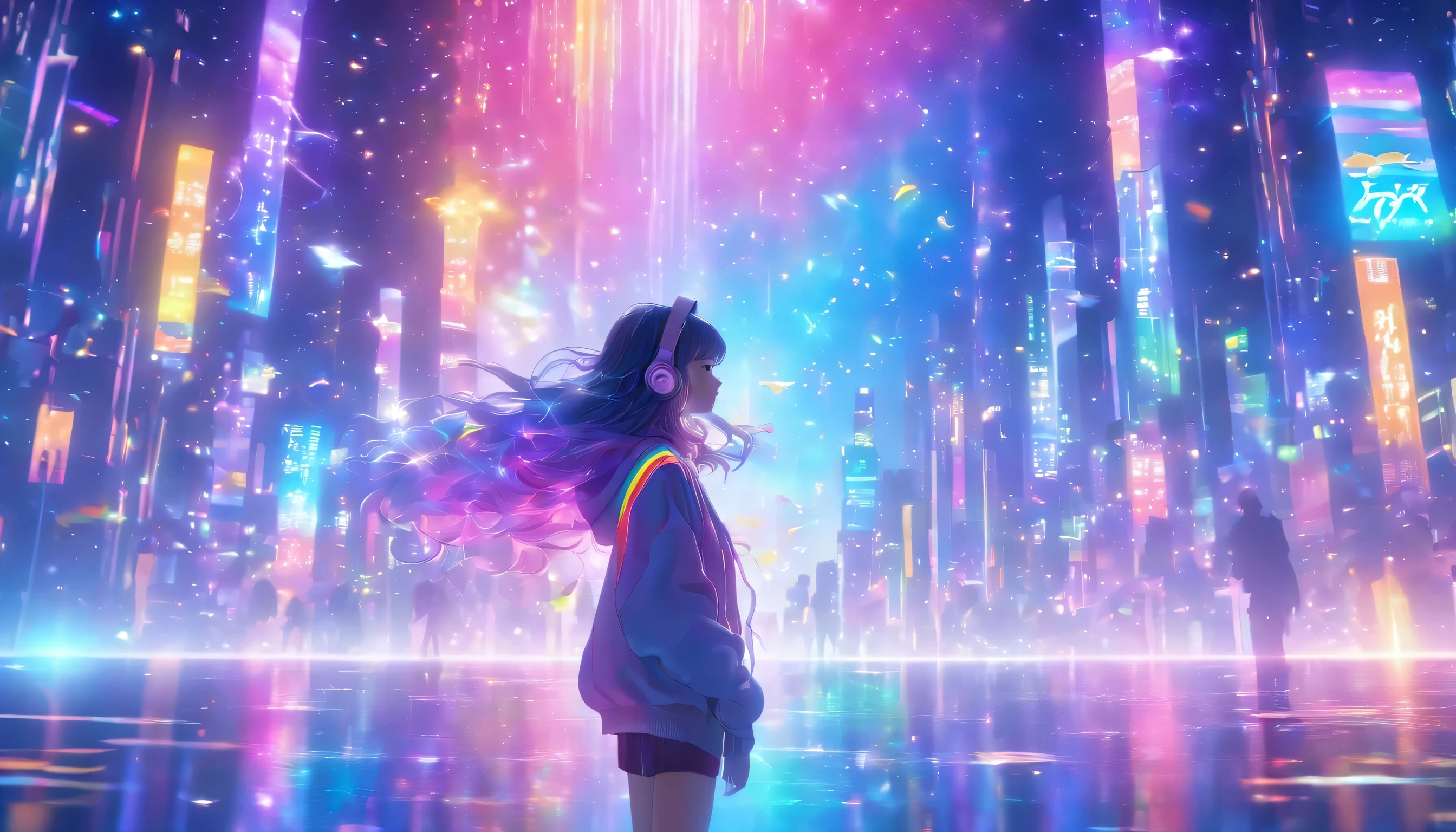 Future City、Neon Street、Super beautiful light、((Colorful light))、(A super beautiful starry sky spreads over many cityscapes)、8k,((cinematic light and shadow))、(((One City)))、Countless lights、Transparent Prism、(((A scene from a movie)))、((Dazzling Neon Street))、Transparent Prism Town、(((Rainbow light)))、((There are many different colors mixed together.))、((Starry Sky))、(((Ultra-realistic CG)))、Reflective Landscape、(((A small rainbow-shining figure)))、(Full body woman)、((hoodie))、(((Long legs)))、((skinny pants))((Wearing shiny futuristic headphones))、(((Standing in the distance)))、((Fashion Model))、((Long hair on one side))、(((Super sexy)))