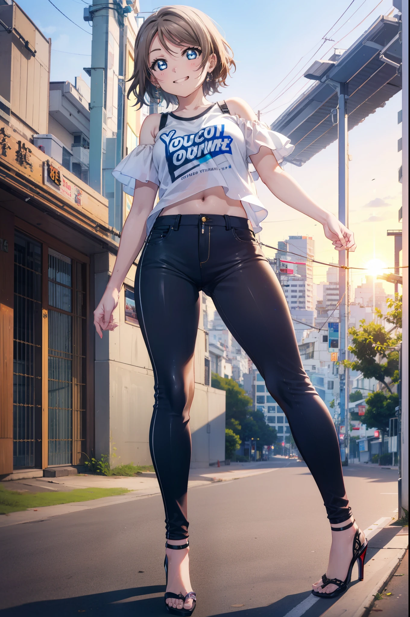 Yo Watanabe, Yu Watanabe, short hair, blue eyes, Brown Hair, Orange hair band,smile, Grin,Cold shoulder tops,Short sleeve,skinny pants,Stiletto heels,Walking,morning,morning陽,The sun is rising,whole bodyがイラストに入るように,
break outdoors, Building district,Coastal Road,
break looking at viewer, whole body,
break (masterpiece:1.2), highest quality, High resolution, unity 8k wallpaper, (figure:0.8), (Beautiful fine details:1.6), Highly detailed face, Perfect lighting, Highly detailed CG, (Perfect hands, Perfect Anatomy),