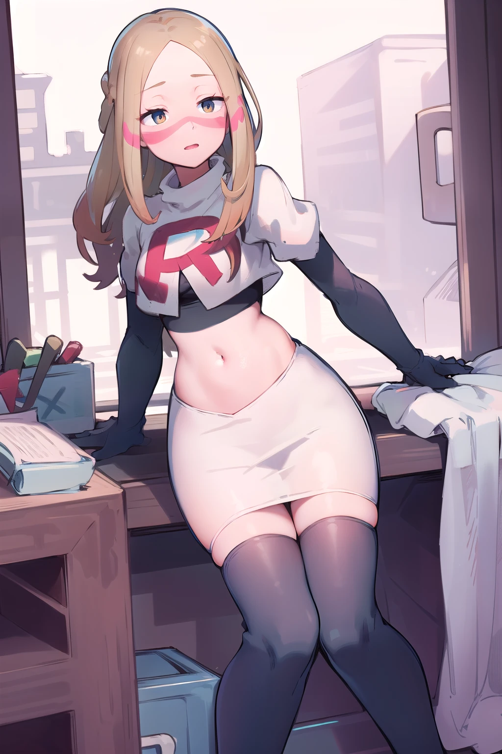 masterpiece, best quality, highres, abcmina, long hair, eyelashes, half-closed eyes, facepaint, team rocket,team rocket uniform,white skirt,red letter R,crop top,black thigh-highs,black elbow gloves,