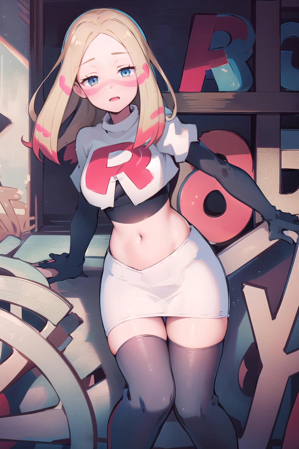 masterpiece, best quality, highres, abcmina, long hair, eyelashes, half-closed eyes, facepaint, team rocket,team rocket uniform,white skirt,red letter R,crop top,black thigh-highs,black elbow gloves,