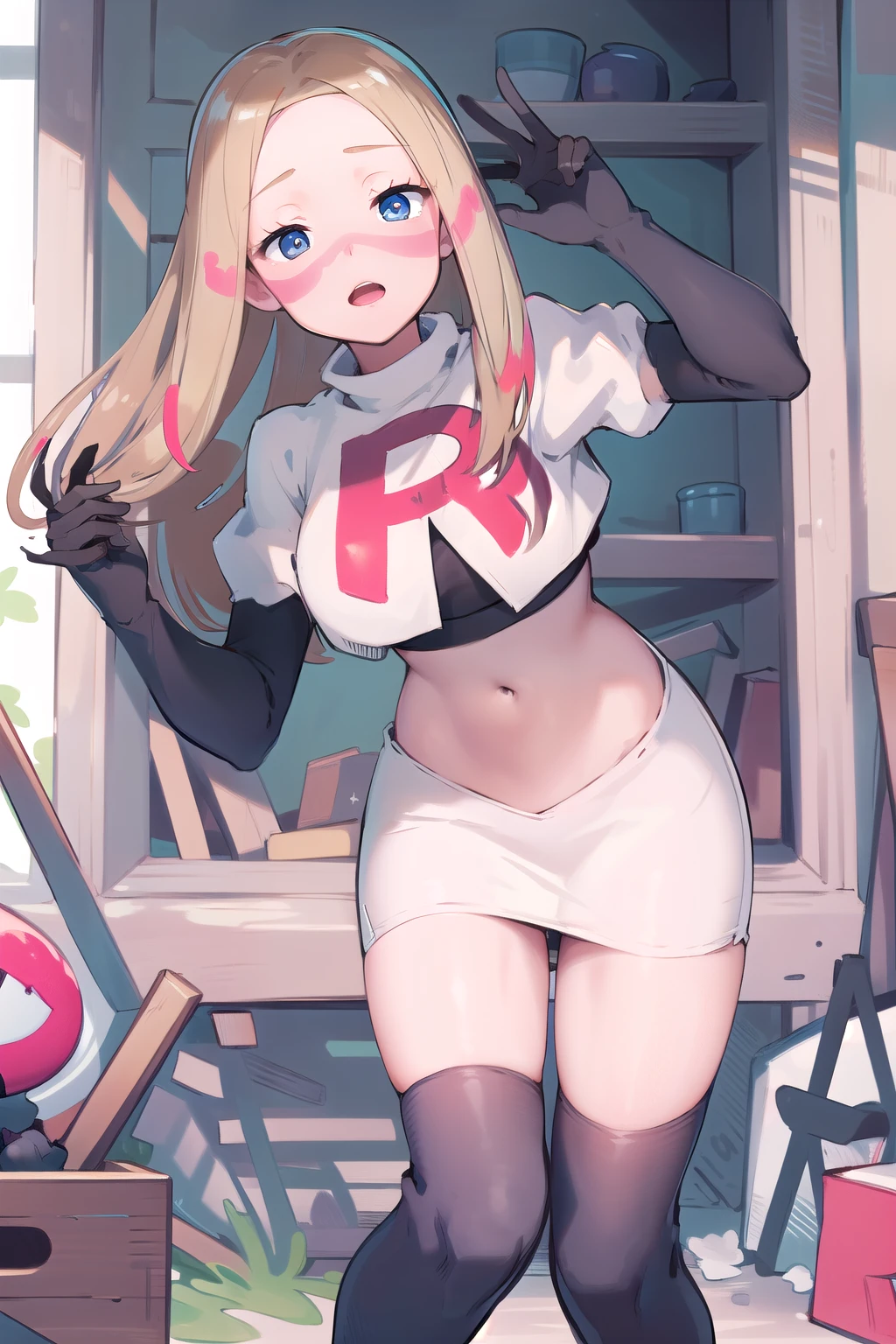 masterpiece, best quality, highres, abcmina, long hair, eyelashes, half-closed eyes, facepaint, team rocket,team rocket uniform,white skirt,red letter R,crop top,black thigh-highs,black elbow gloves,