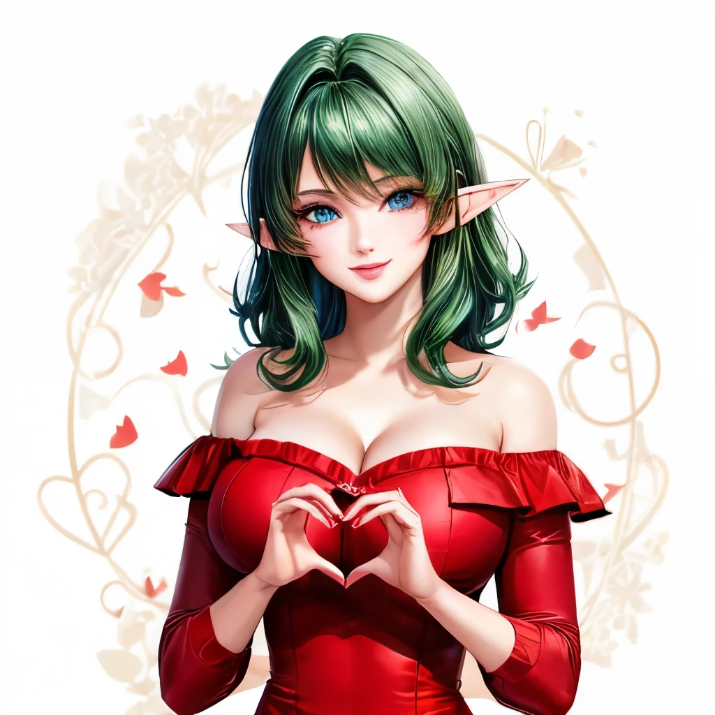 (masterpiece,highest quality,Very delicate,Perfect Face,8k,Beautiful girl),Medium short deep green hair:1.2, Red strapless bodycon tube dress ,((heart hands)),Red long sleeve,Elf Girl,((Big Breasts)),blue eyes,Beautiful smile,18 years old