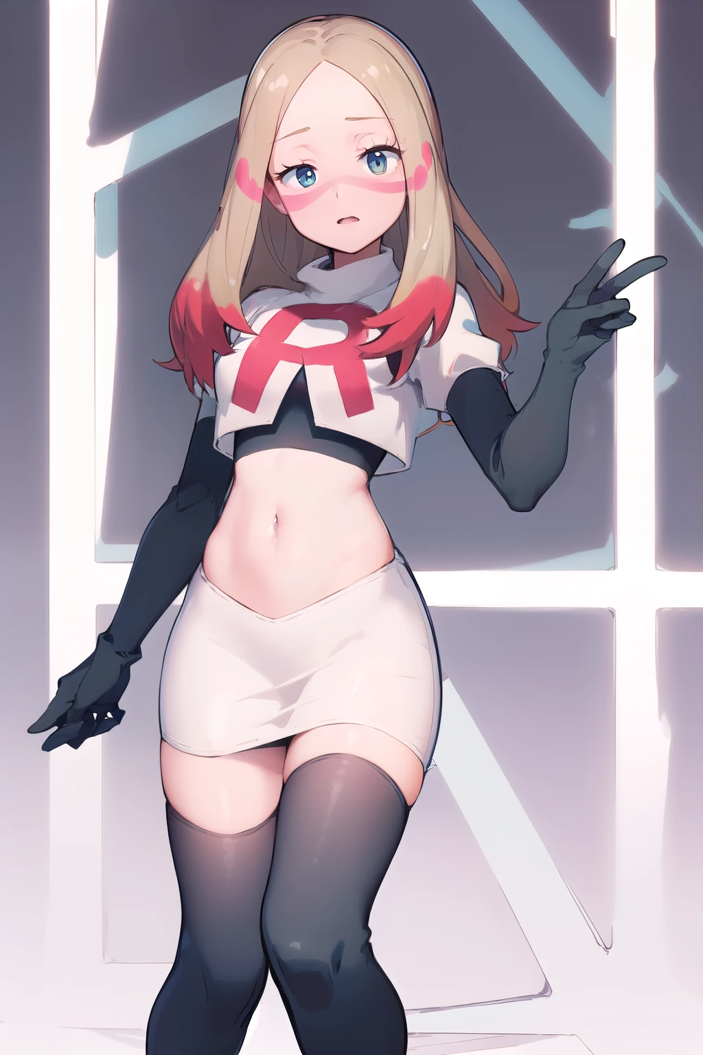 masterpiece, best quality, highres, abcmina, long hair, eyelashes, half-closed eyes, facepaint, team rocket,team rocket uniform,white skirt,red letter R,crop top,black thigh-highs,black elbow gloves,