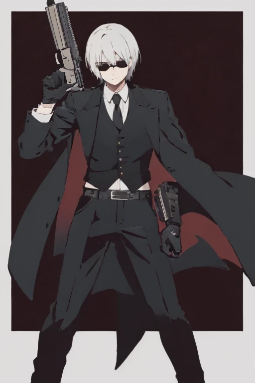 a guy of about 28 years old with a gray trench coat like Dante from Devil Man Cry, black pants, black vest, white shirt, a gun belt with his two favorite weapons, a pair of intimidating and high-powered semi-automatic pistols called 454 Casull and Jackal, and lastly some retro fashion UV polarized glasses and black gloves exposing his knuckles and index finger on each hand. His pants are wrapped with a black belt with a silver emblem
