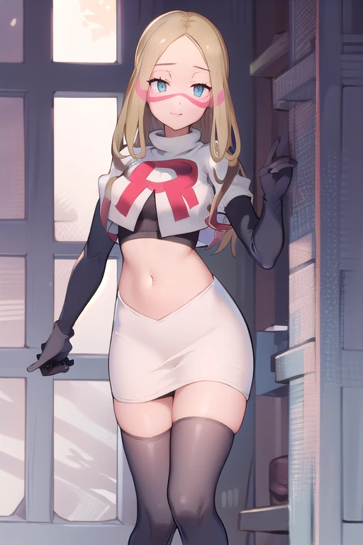 masterpiece, best quality, highres, abcmina, long hair, eyelashes, half-closed eyes, facepaint, team rocket,team rocket uniform,white skirt,red letter R,crop top,black thigh-highs,black elbow gloves,