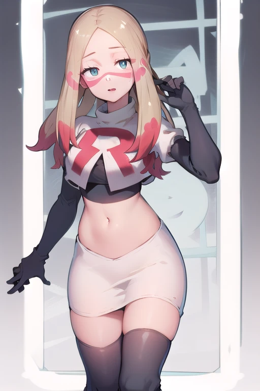 masterpiece, best quality, highres, abcmina, long hair, eyelashes, half-closed eyes, facepaint, team rocket,team rocket uniform,white skirt,red letter R,crop top,black thigh-highs,black elbow gloves,