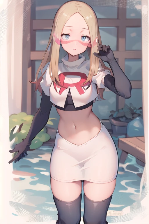 masterpiece, best quality, highres, abcmina, long hair, eyelashes, half-closed eyes, facepaint, team rocket,team rocket uniform,white skirt,red letter R,crop top,black thigh-highs,black elbow gloves,