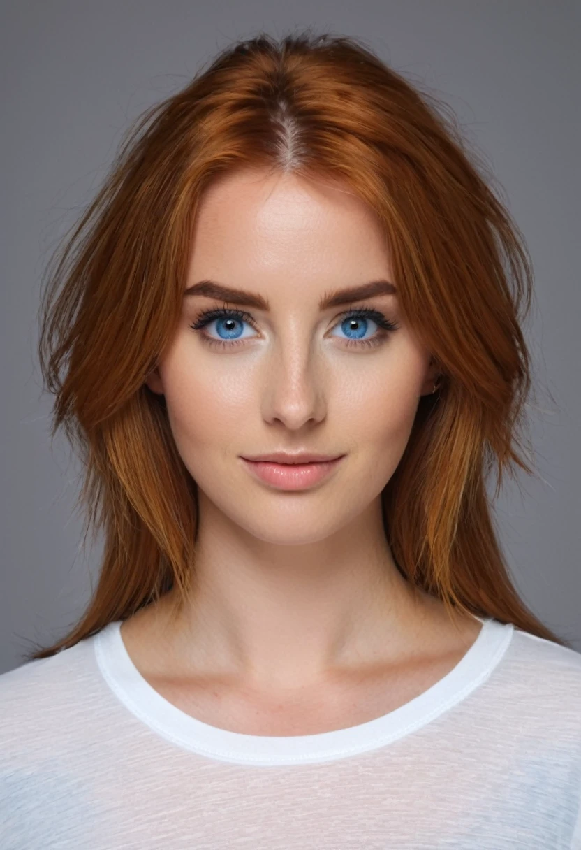 photographie d'une jeune femme de 28ans, cheveux roux demi long, yeux bleus, grosse poitrine pulpeuse, peau blanche, minijupe, tishirt moulant court