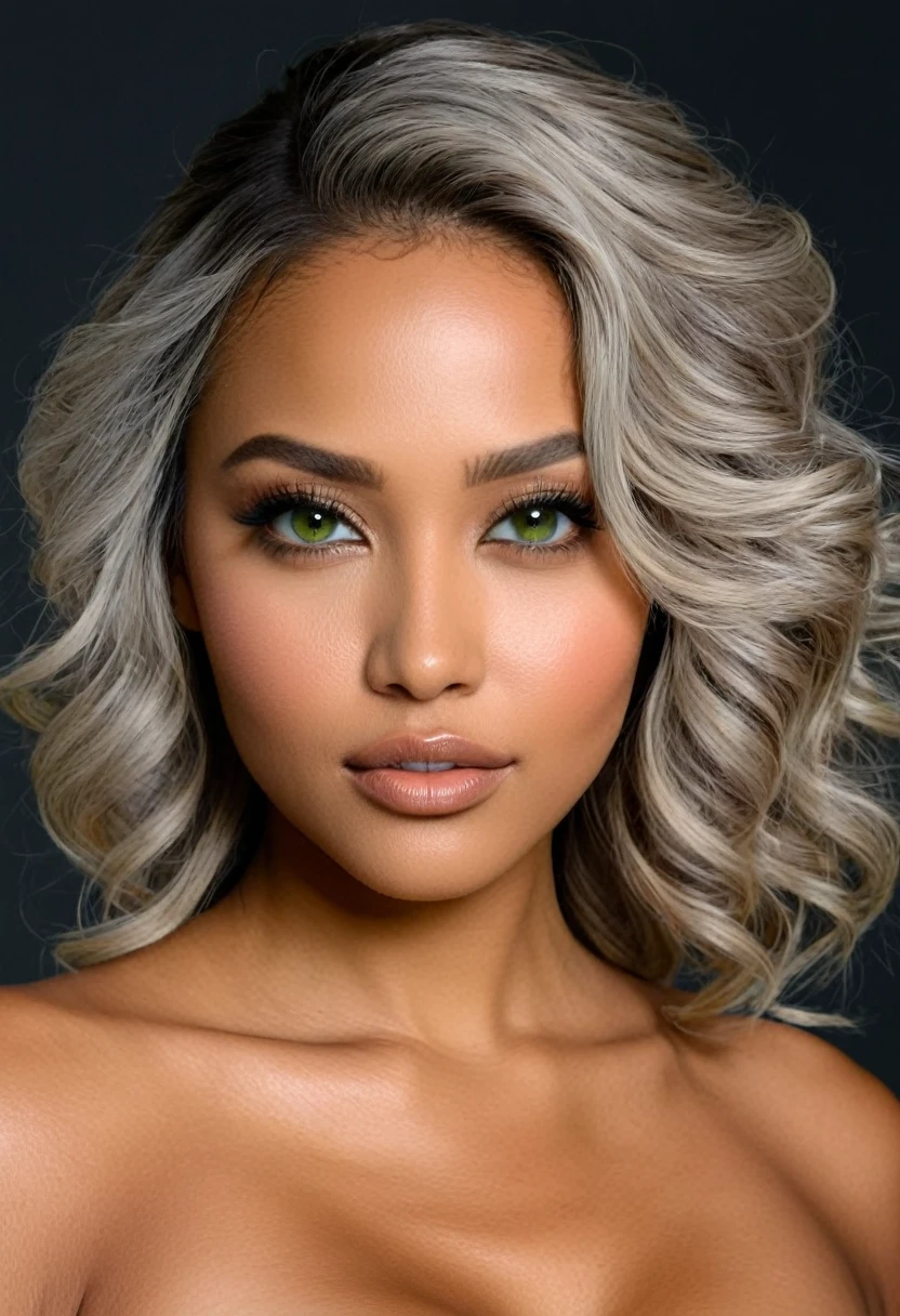 25-year-old mulatto European woman with hyper-realistic and rough skin, a heart-shaped face with prominent cheekbones and a narrow chin, with light green almond-shaped eyes, with long and defined eyelashes, with a nose in proportion and symmetry in accordance with the rest of her face with a straight bridge and the tip of the nose slightly raised but defined and soft, medium but full and soft lips of a nude brown tone, with slightly raised corners, long silver hair and blonde roots curled with a hairstyle semi-updo, with natural makeup that highlights her most beautiful features and black eyeliner that makes her cat eyes, with an expression of security and beauty, with soft and natural lighting with a dark background that makes her stand out even more, transmitting a feeling of sexual interest in a man