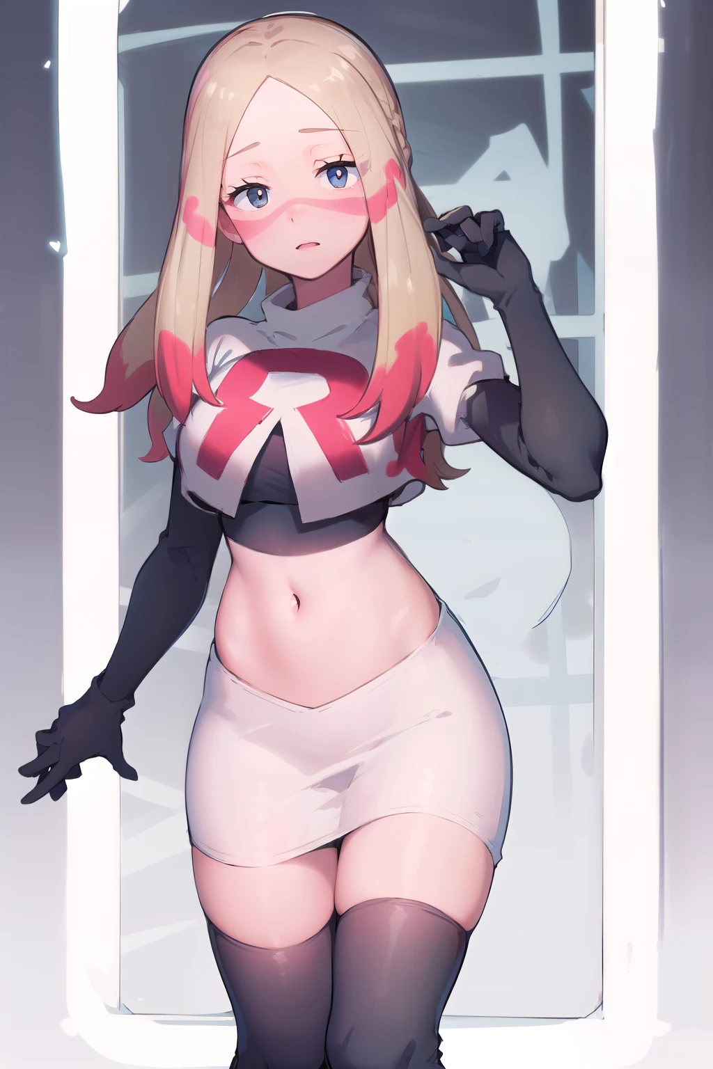 masterpiece, best quality, highres, abcmina, long hair, eyelashes, half-closed eyes, facepaint, team rocket,team rocket uniform,white skirt,red letter R,crop top,black thigh-highs,black elbow gloves,