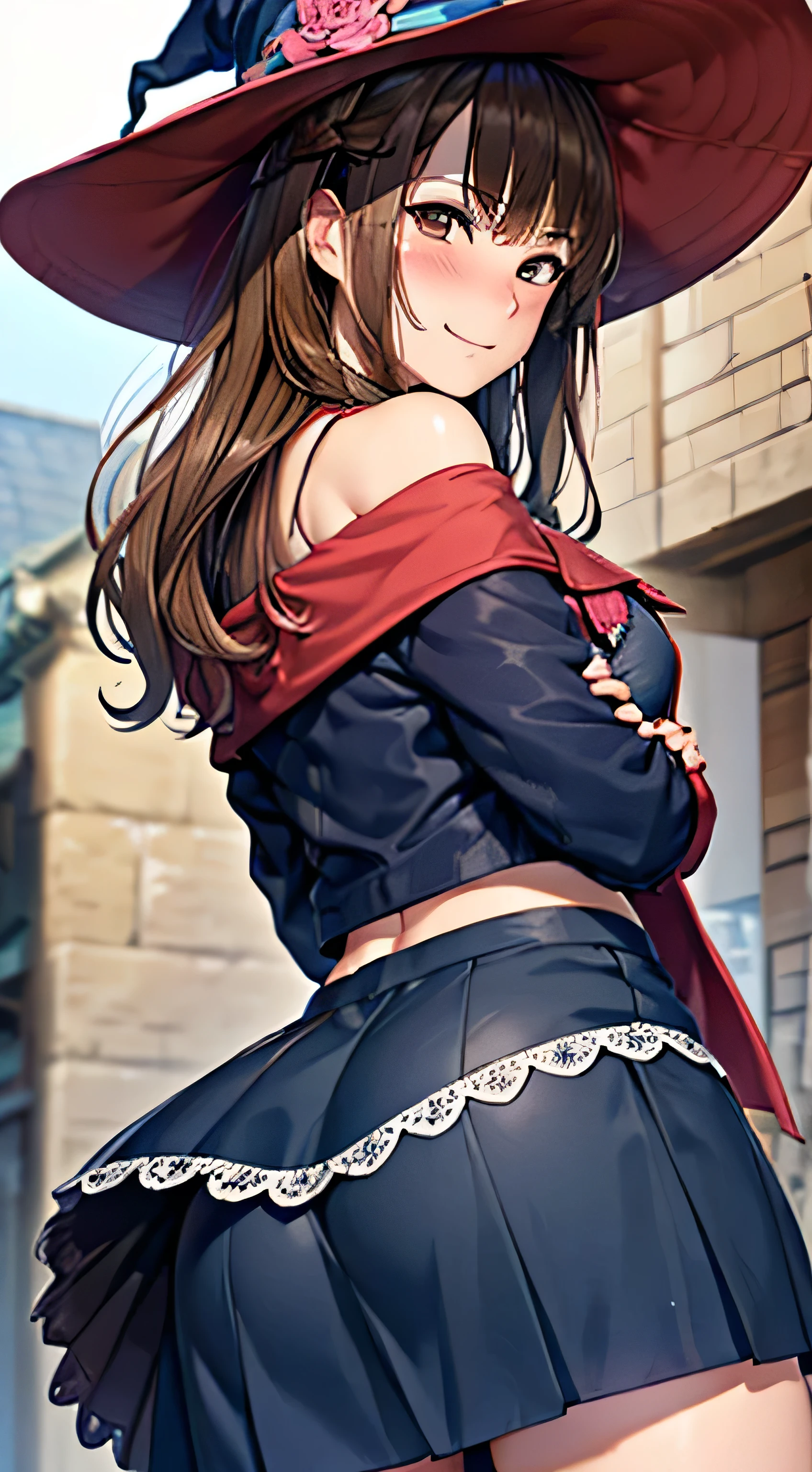 ((Tabletop, highest quality, High resolution, , Pixel Perfect, 4K, ))), Beautiful woman,, alone, beauty、The whole body is visible、 (((Sexy Witch Cosplay), Long dark blonde wavy hair、Off-the-shoulder jacket,　Dark blue flared skirt、Witch Hat、Mid-wave hair, bangs, Brown Hair)), ((Brown eyes, Beautiful eyelashes, Realistic eyes)), ((Detailed face, Blushing:1.2)), ((Smooth texture:0.75, Realistic texture:0.65, Realistic:1.1, Anime CG Style)), Center of chest, Dynamic Angle, Perfect body, ((,)), Leaning forward、、、Very embarrassing panic smile, 、Castle town square、(The wind flipped up her skirt, Pink lace panties are fully visible、look back、Stick your butt out、、、)、Angle from below