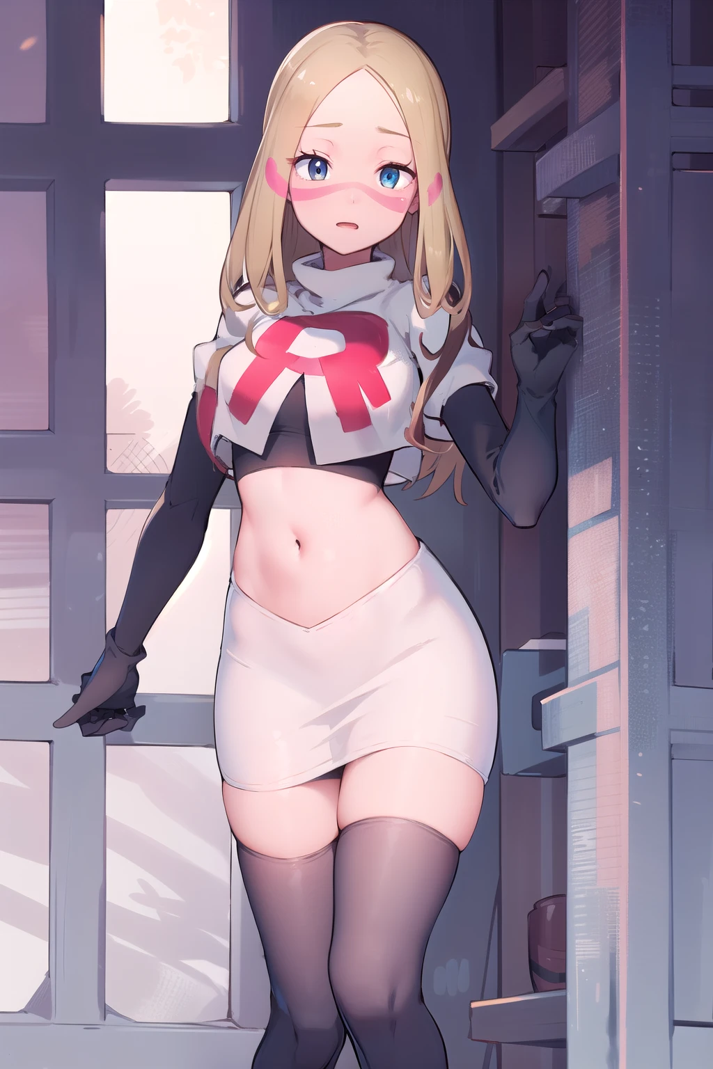 masterpiece, best quality, highres, abcmina, long hair, eyelashes, half-closed eyes, facepaint, team rocket,team rocket uniform,white skirt,red letter R,crop top,black thigh-highs,black elbow gloves,