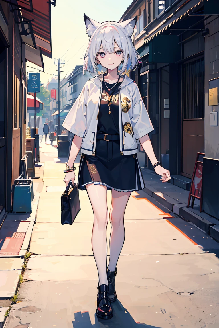 (1 girl), (Fox Girl), beast耳, (super high quality), masterpiece, Cowboy Shot,(walk), White and gold gradient hair, White skin, wild, beast, Casual Scene, Relaxed atmosphere, (Mature fashion), She is wearing fashionable clothes, sun'The S line emits warm tones, Street atmosphere, urban environment. Perfect body, (E Cup:1.2), Wicked Smile, teeth, , Dark Eyes,Fresh, (Asymmetrical bangs:1.3),length Hair, Highly detailed face and eyes, length, Narrow eyes,cyber punk, sf, (Expose your shoulders), Digital Art, beautiful, Cinema Lighting, by Yusuke Murata.tonality, Romanticism, modern art, Impressionism, reflected light, 8k, masterpiece, Advanced Details, highest quality, Only 5 fingers,Accurate anatomy