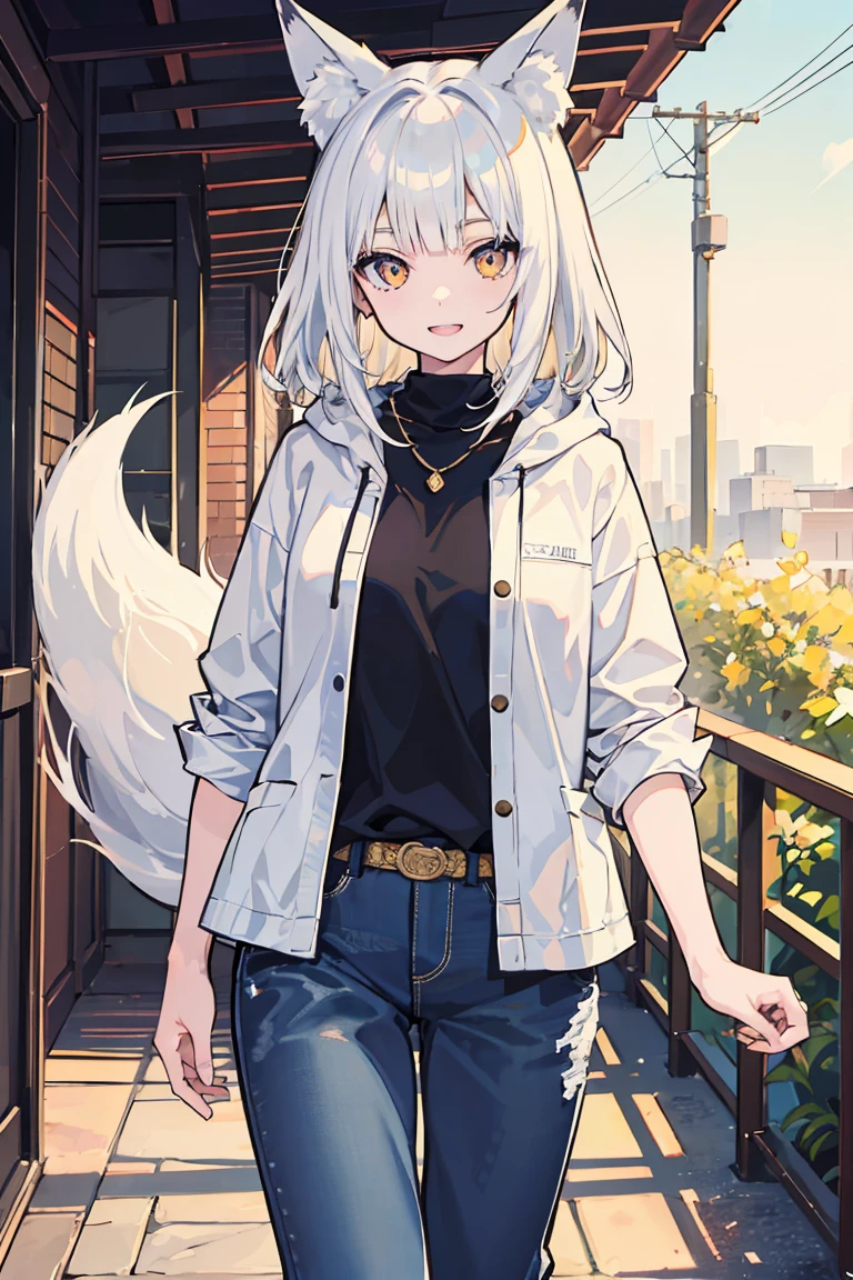 (1 girl), (Fox Girl), beast耳, (super high quality), masterpiece, Cowboy Shot,(walk), White and gold gradient hair, White skin, wild, beast, Casual Scene, Relaxed atmosphere, (Mature fashion), She is wearing fashionable clothes, sun&#39;The S line emits warm tones, Street atmosphere, urban environment. Perfect body, (E Cup:1.2), Wicked Smile, teeth, , Dark Eyes,Fresh, (Asymmetrical bangs:1.3),length Hair, Highly detailed face and eyes, length, Narrow eyes,cyber punk, sf, (Expose your shoulders), Digital Art, beautiful, Cinema Lighting, by Yusuke Murata.tonality, Romanticism, modern art, Impressionism, reflected light, 8k, masterpiece, Advanced Details, highest quality, Only 5 fingers,Accurate anatomy