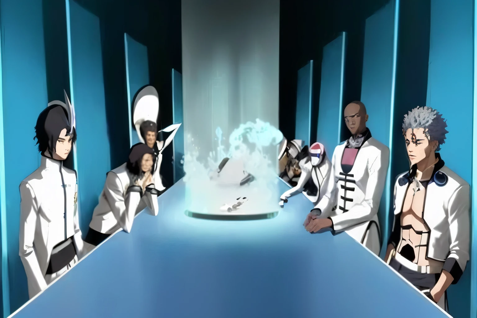 personagens de anime em volta de uma mesa com fundo azul, estilo de anime afro samurai, anime afrofuturismo, aliens in the last supper, still animation screencap, figuras vestidas sentadas ao redor de uma mesa, animated episode yet, estilo de anime samurai afro, portrayed as a science fiction scene, Cena de anime, jury, A Animatrix, deus das trevas sente-se no tron, realistic robot last supper