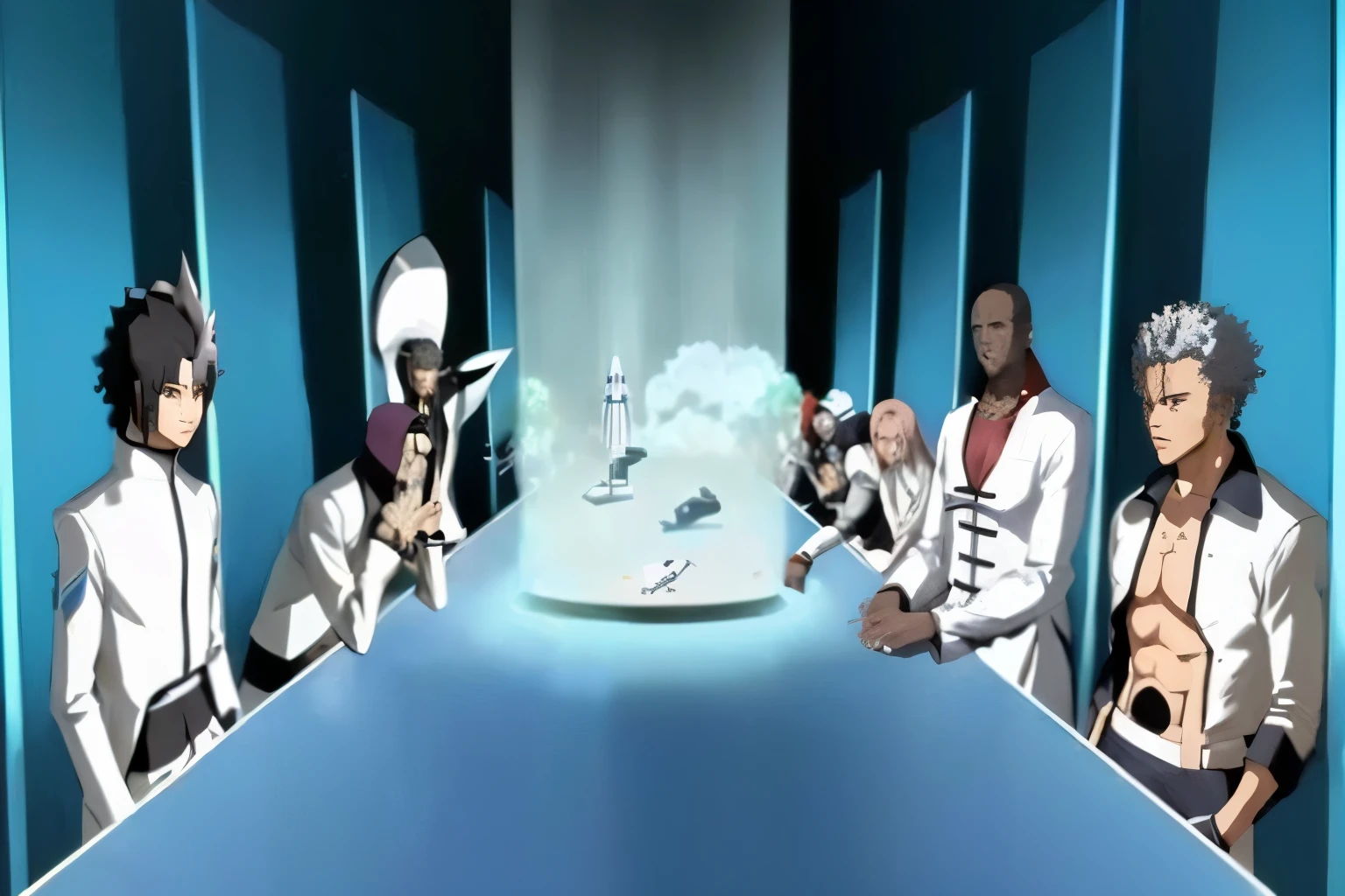 personagens de anime em volta de uma mesa com fundo azul, estilo de anime afro samurai, anime afrofuturismo, aliens in the last supper, still animation screencap, figuras vestidas sentadas ao redor de uma mesa, animated episode yet, estilo de anime samurai afro, portrayed as a science fiction scene, Cena de anime, jury, A Animatrix, deus das trevas sente-se no tron, realistic robot last supper