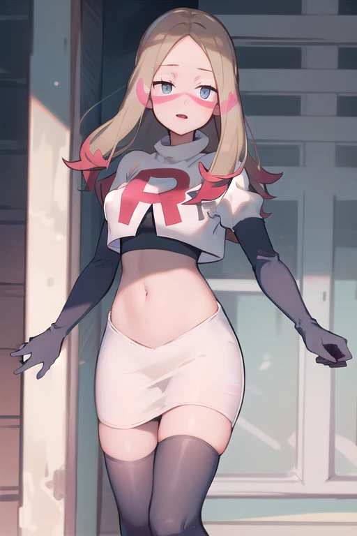 masterpiece, best quality, highres, abcmina, long hair, eyelashes, half-closed eyes, facepaint, team rocket,team rocket uniform,white skirt,red letter R,crop top,black thigh-highs,black elbow gloves,