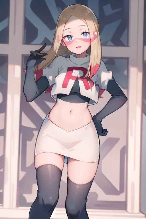 masterpiece, best quality, highres, abcmina, long hair, eyelashes, half-closed eyes, facepaint, team rocket,team rocket uniform,white skirt,red letter R,crop top,black thigh-highs,black elbow gloves,