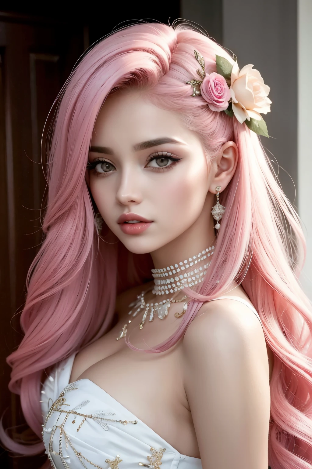 Garota de cor de pele parda, olhos rosas e cabelos loiros com mechas rosas. Her hair is a little spiky but it's kind of wavy. She wore a pink crop top and long pink pants.