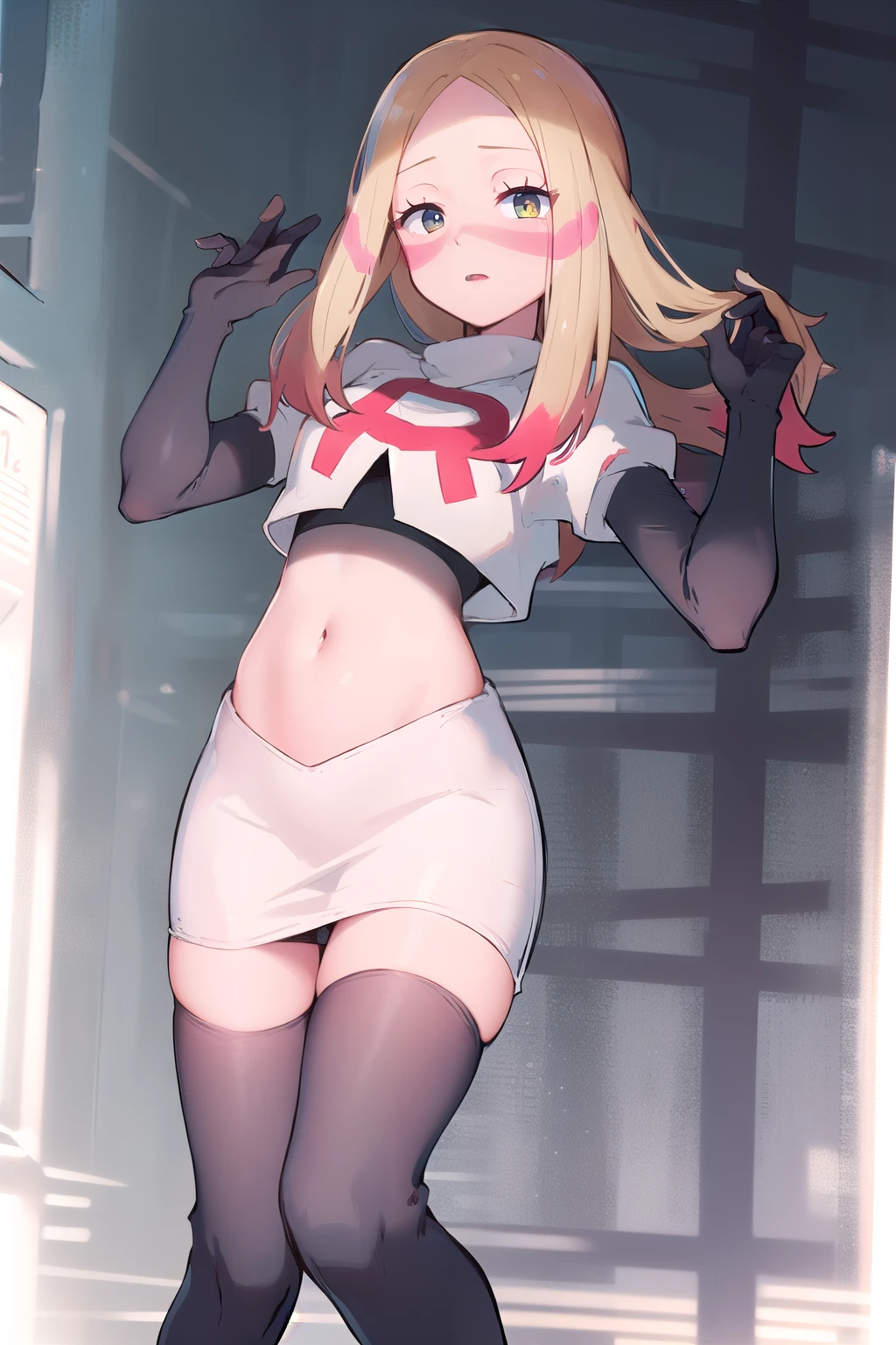 masterpiece, best quality, highres, abcmina, long hair, eyelashes, half-closed eyes, facepaint, team rocket,team rocket uniform,white skirt,red letter R,crop top,black thigh-highs,black elbow gloves,