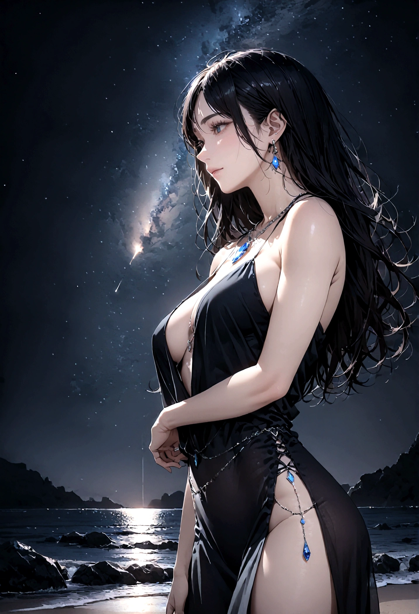 8k, masterpiece, RAW Photos, highest quality, Realistic, Very detailed, Depth of written boundary, Cinematic Light, Anatomically correct body, 
One beautiful 40 year old woman, Very beautiful face, Exquisitely detailed face, (A calm and gentle face:1.4), Very delicate skin texture, Transparent muscle, Shiny white skin, Glamorous Body, 
(Wavy black long hair:1.2), Sexy Breasts, Sexy ass, 
(See-through slit long dress:1.2), (Detailed cloth texture:1.2), (Gorgeous jewel-studded body chain accessories:1.3), (Gorgeous necklace:1.1), (Gorgeous earrings:1.1), 
(Dark starry background:1.4), (Milky Way:1.1), (milky way:1.1), (shooting star:1.1), (Dark coastline at night:1.4), (Pitch black sea surface:1.4), 
(Standing on the beach:1.2), 
(Low angle shot:1.5), 