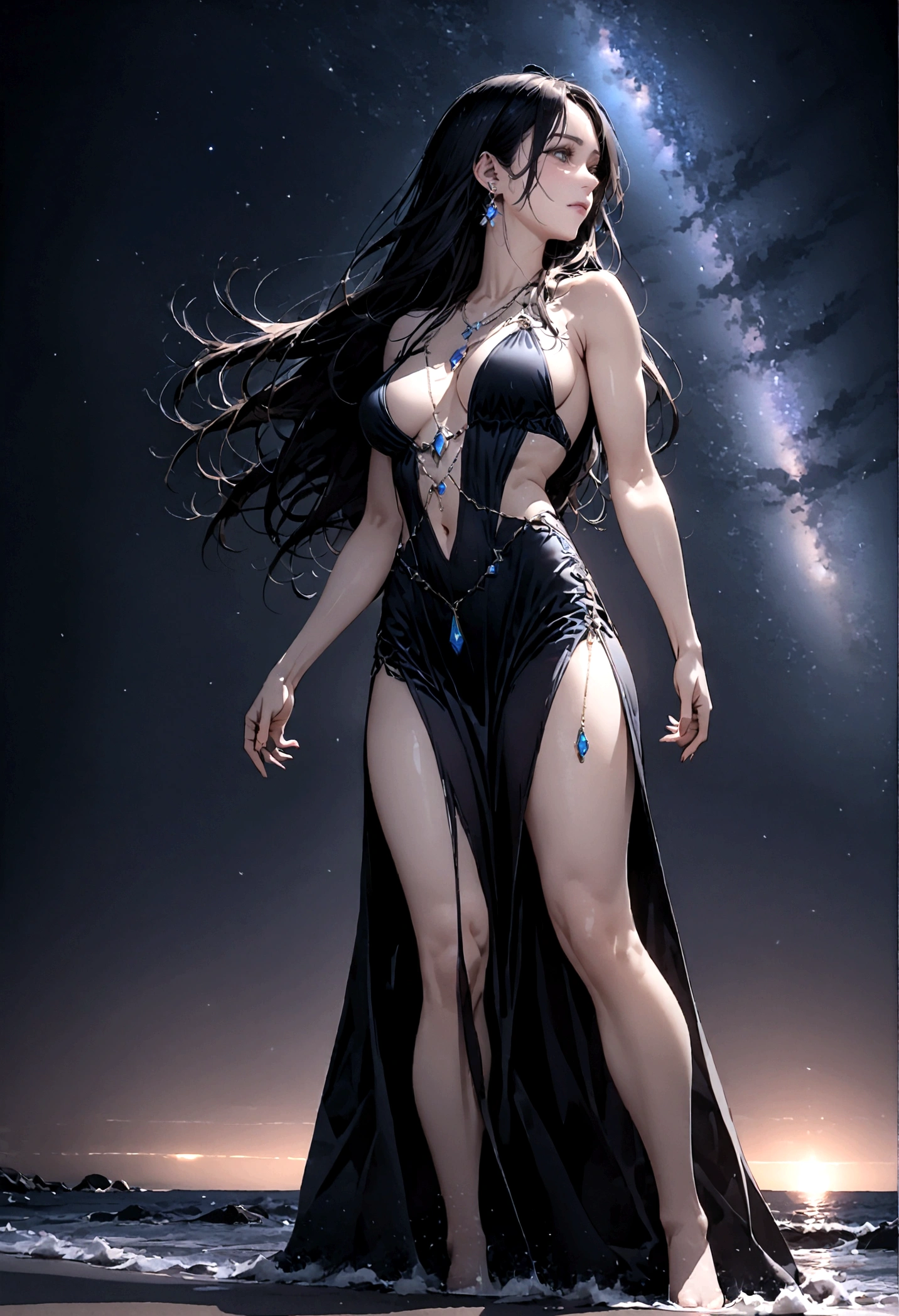 8k, masterpiece, RAW Photos, highest quality, Realistic, Very detailed, Depth of written boundary, Cinematic Light, Anatomically correct body,
One beautiful 40 year old woman, Very beautiful face, Exquisitely detailed face, (A calm and gentle face:1.4), Very delicate skin texture, Transparent muscle, Shiny white skin, Glamorous Body,
(Wavy black long hair:1.2), Sexy Breasts, Sexy ass,
(See-through slit long dress:1.2), (Detailed cloth texture:1.2), (Gorgeous jewel-studded body chain accessories:1.3), (Gorgeous necklace:1.1), (Gorgeous earrings:1.1),
(Dark starry background:1.4), (Milky Way:1.1), (milky way:1.1), (shooting star:1.1), (Dark coastline at night:1.4), (Pitch black sea surface:1.4),
(Standing on the beach:1.2),
(Low angle shot:1.5),