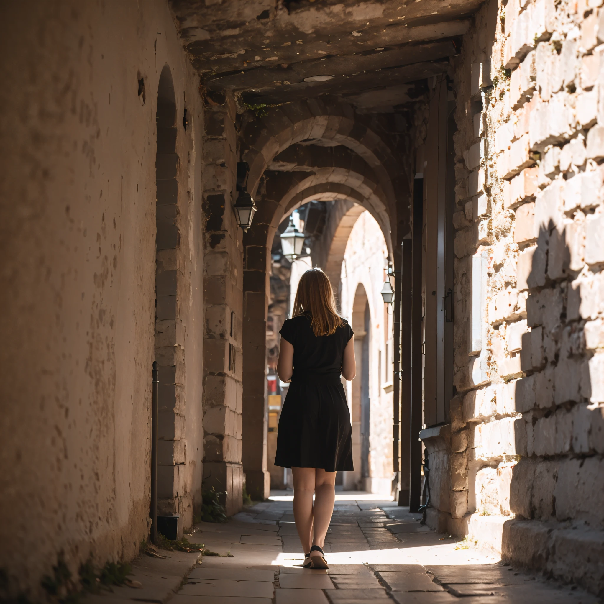 blonde sofiax (1woman) in sassi_di_matera. The perspective is from below. The lighting is dark, gloomy, and realistic, creating a tense and ominous atmosphere. Sassi di Matera in background landscape