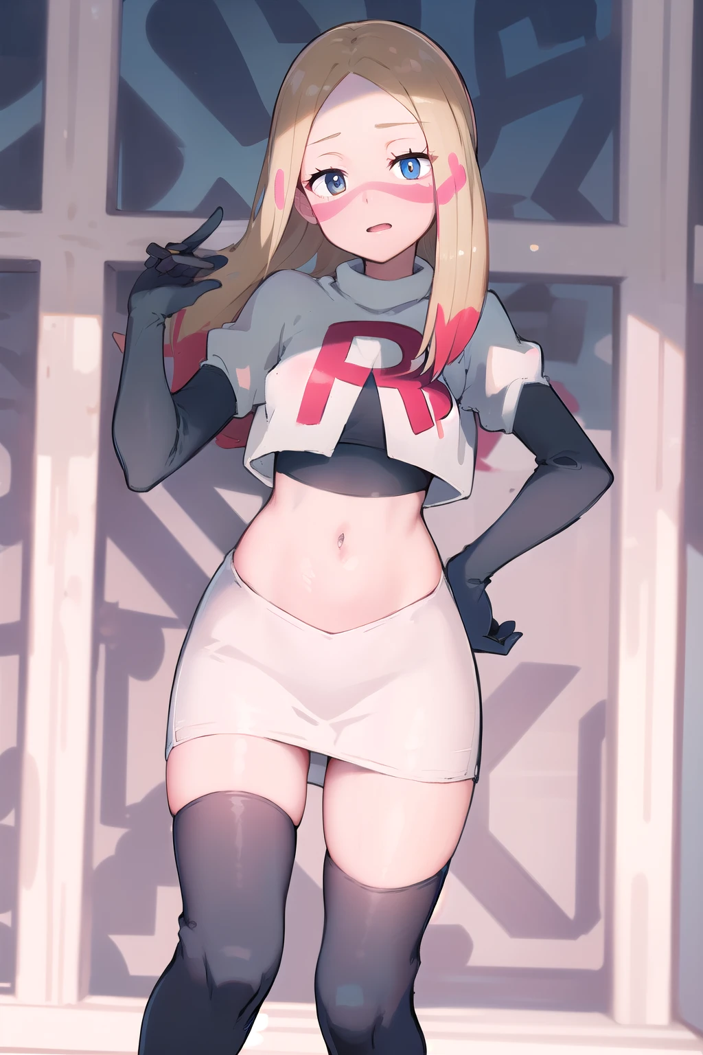 masterpiece, best quality, highres, abcmina, long hair, eyelashes, half-closed eyes, facepaint, team rocket,team rocket uniform,white skirt,red letter R,crop top,black thigh-highs,black elbow gloves,