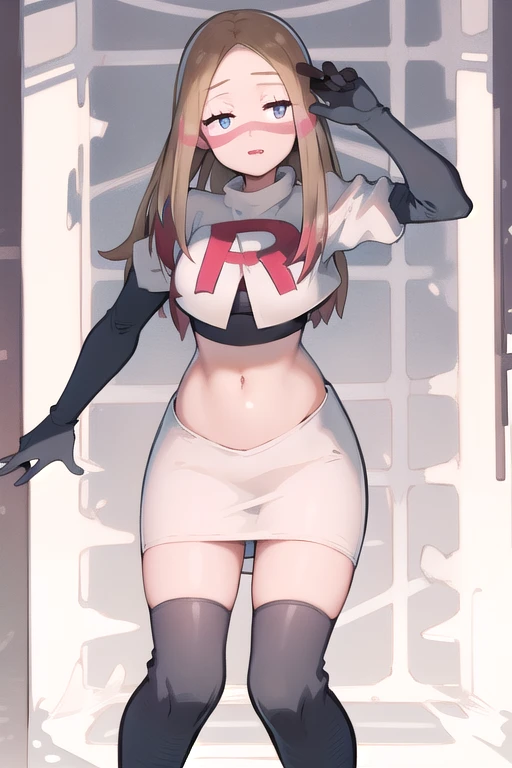 masterpiece, best quality, highres, abcmina, long hair, eyelashes, half-closed eyes, facepaint, team rocket,team rocket uniform,white skirt,red letter R,crop top,black thigh-highs,black elbow gloves,