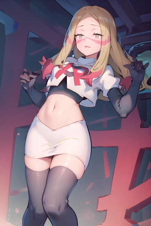 masterpiece, best quality, highres, abcmina, long hair, eyelashes, half-closed eyes, facepaint, team rocket,team rocket uniform,white skirt,red letter R,crop top,black thigh-highs,black elbow gloves,