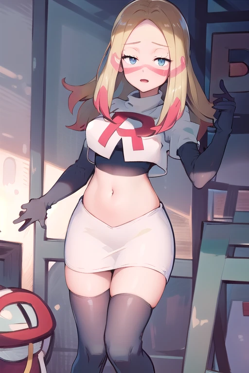 masterpiece, best quality, highres, abcmina, long hair, eyelashes, half-closed eyes, facepaint, team rocket,team rocket uniform,white skirt,red letter R,crop top,black thigh-highs,black elbow gloves,