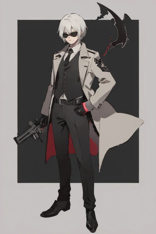 a guy of about 28 years old with a gray trench coat like Dante from Devil Man Cry, black pants, black vest, white shirt, a gun belt with his two favorite weapons, a pair of intimidating and high-powered semi-automatic pistols called 454 Casull and Jackal, and lastly some retro fashion UV polarized glasses and black gloves exposing his knuckles and index finger on each hand. His pants are wrapped with a black belt with a silver emblem featuring Dante Sparda&#39;s hair.