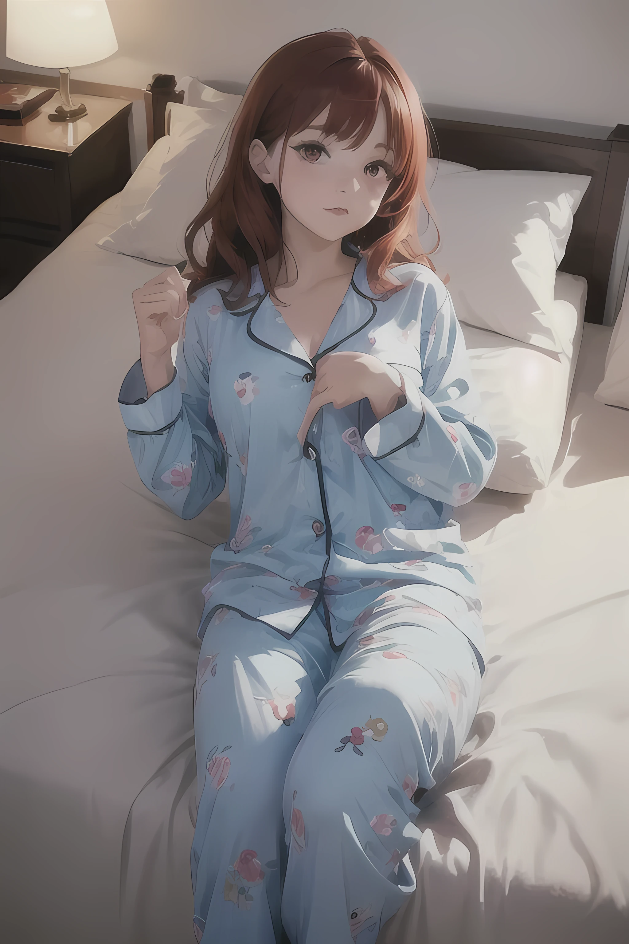{{highest quality}}, {{masterpiece}}, {{Super detailed}}, {{figure}}, {{Detailed light}},1 girl, Redhead, Red eyes, Impact, RAW Photos, 8k, masterpiece,pajamas、bed、Are sleeping、room、No sunlight