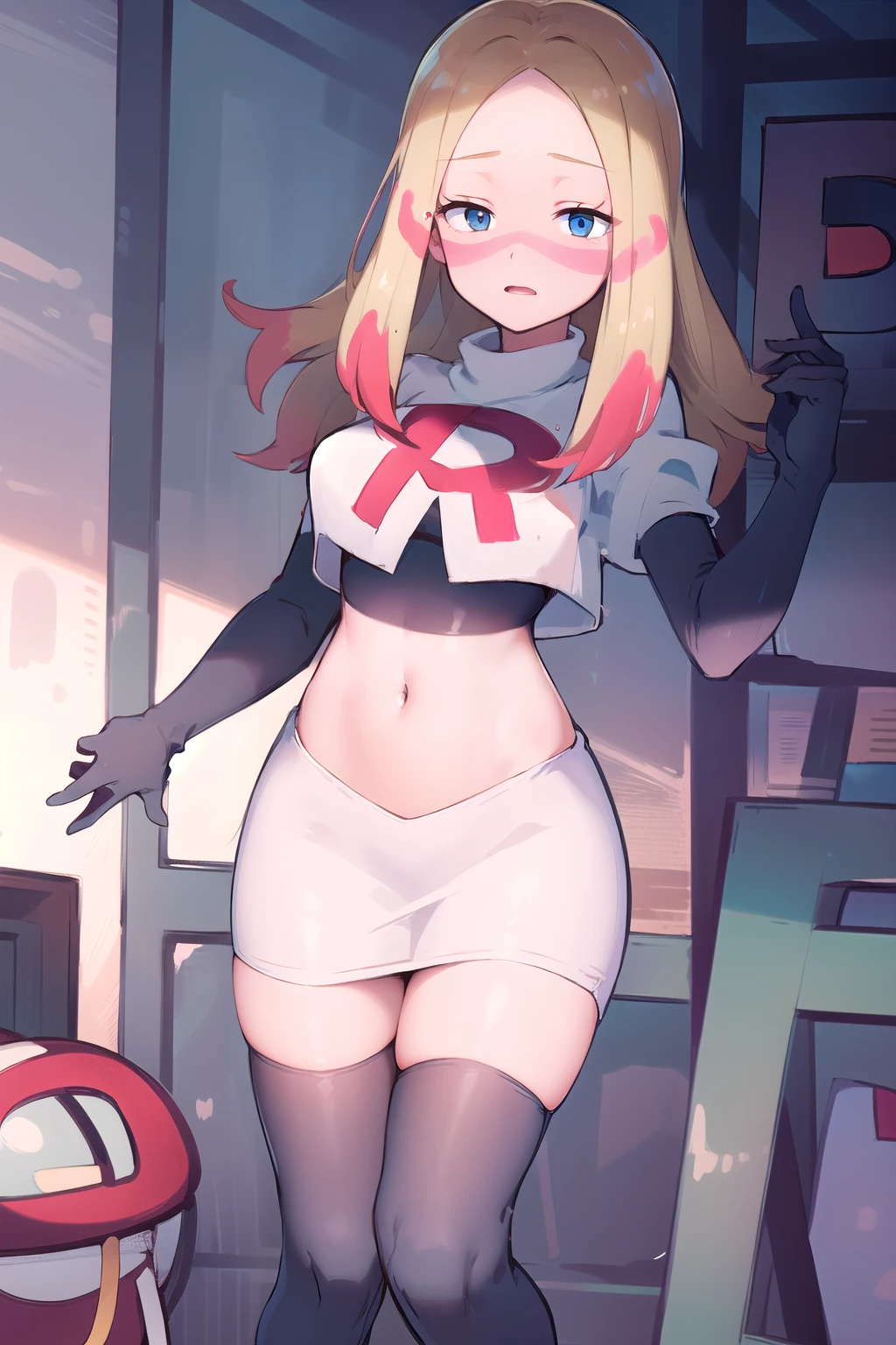 masterpiece, best quality, highres, abcmina, long hair, eyelashes, half-closed eyes, facepaint, team rocket,team rocket uniform,white skirt,red letter R,crop top,black thigh-highs,black elbow gloves,