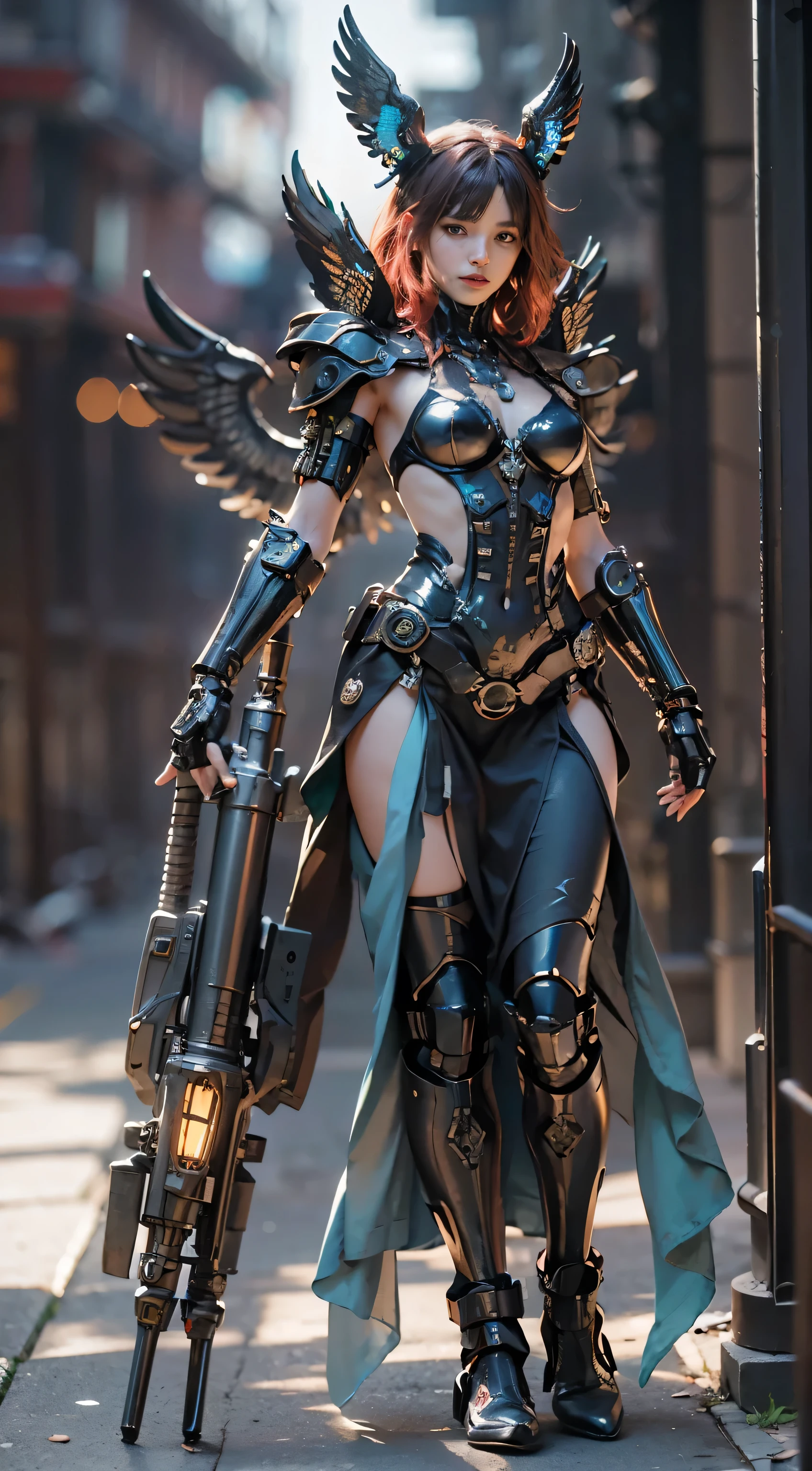(Highest quality:1.2, Masterpiece)、Ultra high resolution、Surrealism is extremely special., (Virtual image:1.4)、raw photos、(Steampunk Battle Cyborg Fallen Angel)、Large wings made of metal、black porcelain body、red hair、Glowing skin、1 cyborg girl、(Mechanical frame:1.3)Japan, The most loving face,  ((The details are extremely realistic.))、Portrait、world class illumination、shadow、Octane render、8ก、extra sharp、Letter edge lights、Details of intricate jewelry、Clear acrylic cover、Sumerian details、hydraulic cylinder、small LED light bulb、Very complicated details、realistic light、purple eyes、sparkling eyes、Facing the camera、neon details、cowboy shoot、futuristic hat、About cyberpunk