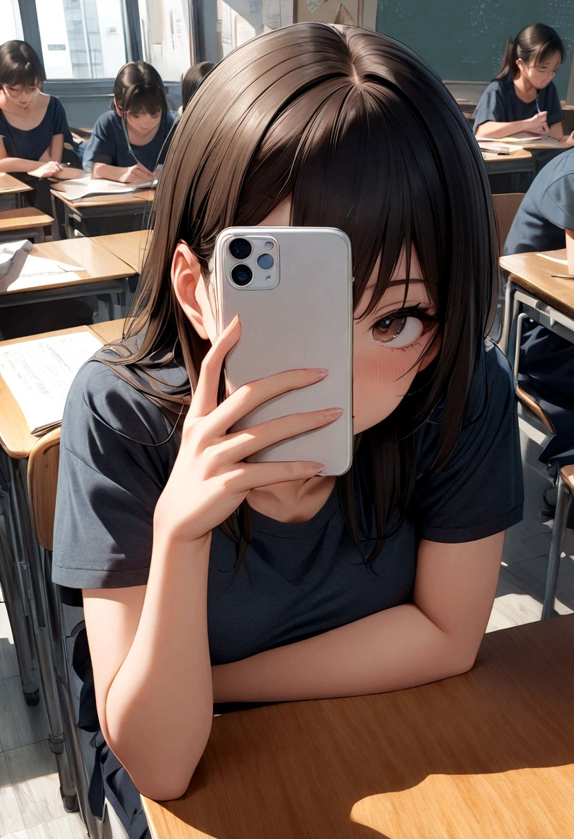 ((many students:1.9) are sitting at desk taking the exam:1.5), (1female taking selfie by iphone of herself taking the exam),1test paper on the each desk. BREAK ,quality\(8k,wallpaper of extremely detailed CG unit, ​masterpiece,hight resolution,top-quality,top-quality real texture skin,hyper realisitic,increase the resolution,RAW photos,best qualtiy,highly detailed,the wallpaper,cinematic lighting,ray trace,golden ratio\),(long shot),dramatic angle,(top-down view:1.3),looking away,(students and desks are lined up neatly :0.2),(better hands)