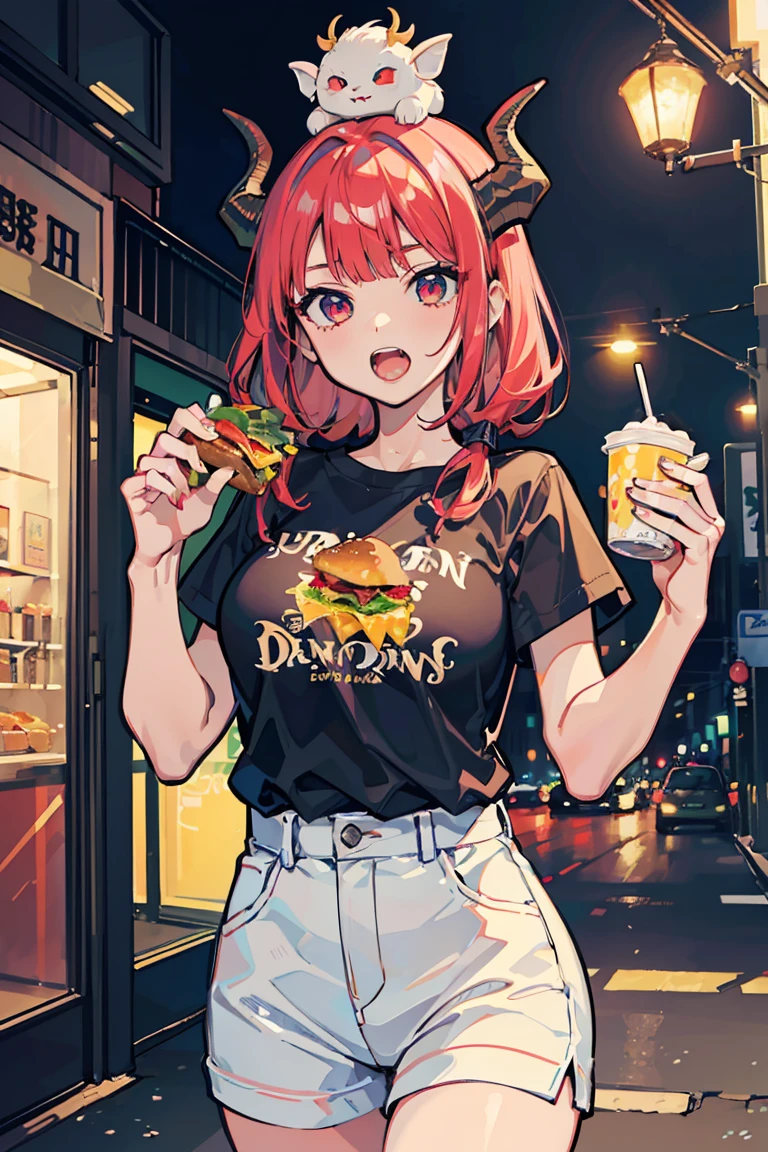 (1 girl), (Dragon Girl), ((Oriental dragon horns growing from the head)), Asymmetrical Hairstyles, (super high quality), masterpiece, Cowboy Shot, Crimson Hair, Mid cut, Tie the ends of your hair, Casual Scene, Tense atmosphere, She is wearing fashionable clothes, sun, Emits warm tones, Street atmosphere, Perfect body, (E Cup:1.2), Open your mouth wide, Eating a hamburger, Jagged teeth, Fresh, (Long bangs:1.3)Highly detailed face and eyes, Band T-shirts, Digital Art, beautiful, Cinema Lighting, by Yusuke Murata.tonality, Romanticism, modern art, Impressionism, reflected light, 8k, masterpiece, Advanced Details, highest quality, Accurate anatomy