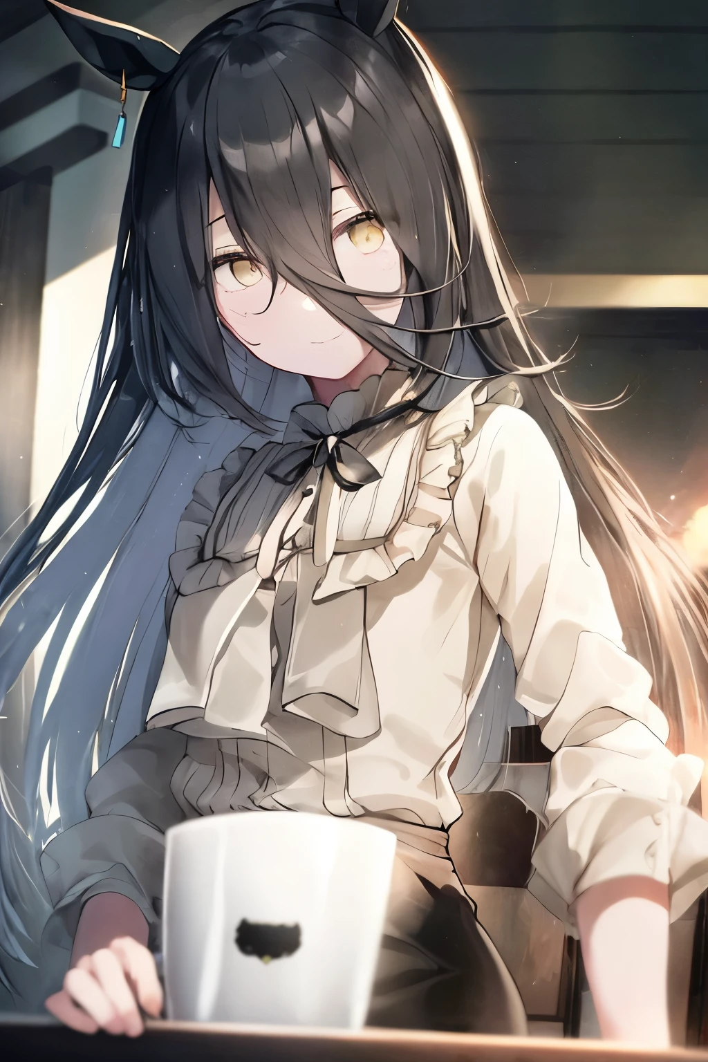 (Tabletop.highest quality).(Dynamic Angle). (Incredibly detailed CG paintings),(Perfect Image)、Comic Strip.figure.One Girl.Detailed face、Perfect Face.Delicate face、Girl in delicate clothes、Textured skin、Black Hair.length、(Horse-eared girl)Horse-eared girl、((Beautiful yellow eyes)).Delicate and beautiful eyes、The eyes are detailed、Reflective Eyes、Watery eye、smile.(Staring at the audience:1.3).(Face is a little red:0.8)、8k wallpaper、Cowboy Shot、reflected light、Highest detail、Complex、Delicate background、Textured skin、Detailed skin、(Ultra-high resolution)、