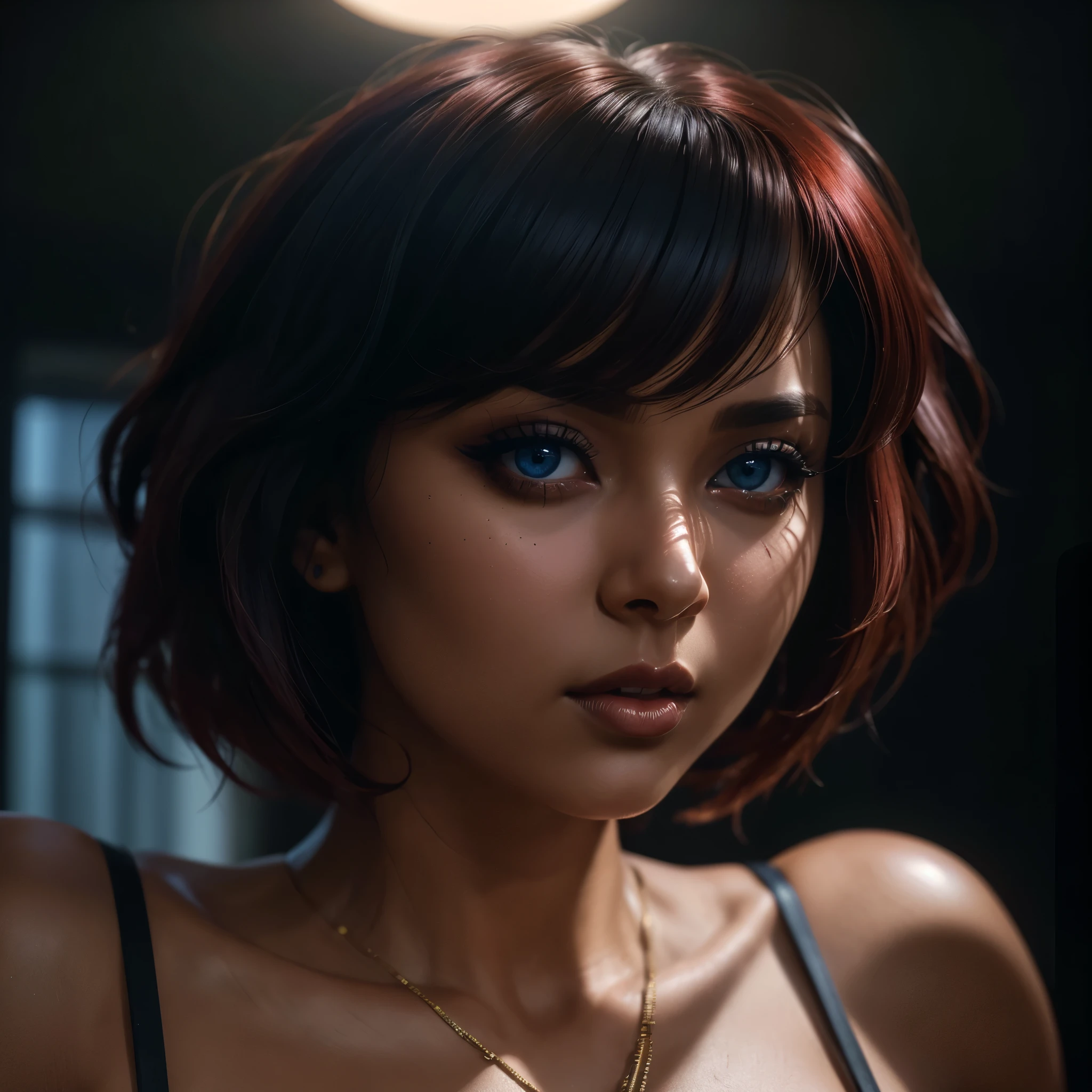 a beautiful woman with dark skin, red bob haircut, expressive blue eyes, wearing white lace lingerie, in a bedroom setting with a sexy, ?????? atmosphere, (best quality,4k,8k,highres,masterpiece:1.2),ultra-detailed,(realistic,photorealistic,photo-realistic:1.37),portrait,chiaroscuro lighting,dramatic lighting,cinematic,dramatic colors,rich colors,glowing skin,detailed facial features,sensual,alluring, intricate details,dramatic lighting,cinematic composition,sensual,captivating expression,alluring. HDMI, HDRI, UDHD,((Diffuse effect)), ((volume effect 1.1)), ((Depth of field 1.1)), ((fisheye lens)
