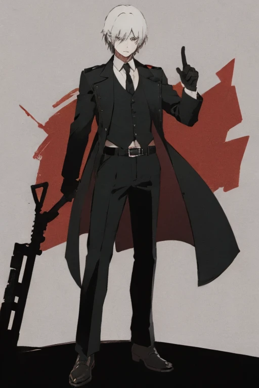 a guy of about 28 years old with a gray trench coat like Dante from Devil Man Cry, black pants, black vest, white shirt, a gun belt with his two favorite weapons, a pair of intimidating and high-powered semi-automatic pistols called 454 Casull and Jackal and lastly, some red polarized retro fashion UV glasses and black gloves exposing his knuckles and index finger. In each hand his pants are wrapped with a black belt with a silver emblem with Dante Sparda&#39;s hair
