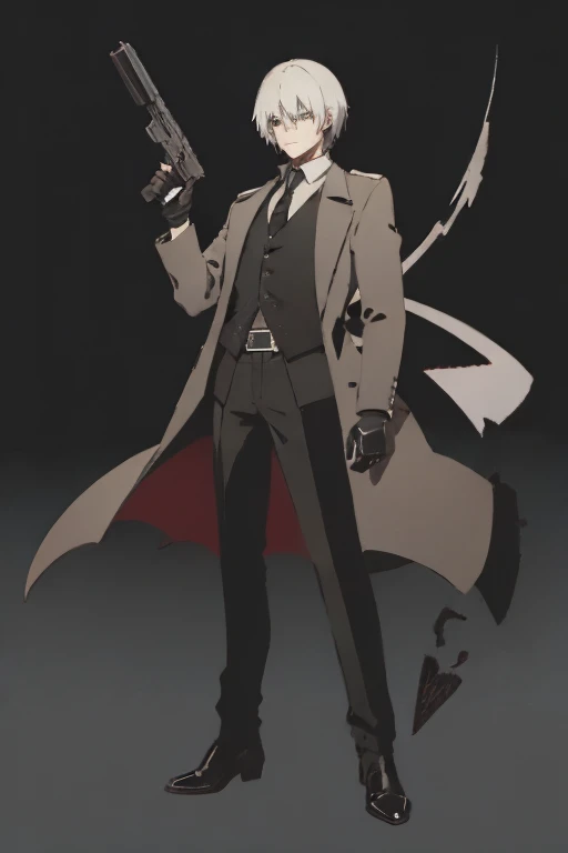 a guy of about 28 years old with a gray trench coat like Dante from Devil Man Cry, black pants, black vest, white shirt, a gun belt with his two favorite weapons, a pair of intimidating and high-powered semi-automatic pistols called 454 Casull and Jackal and lastly, some red polarized retro fashion UV glasses and black gloves exposing his knuckles and index finger. In each hand his pants are wrapped with a black belt with a silver emblem with Dante Sparda&#39;s hair
