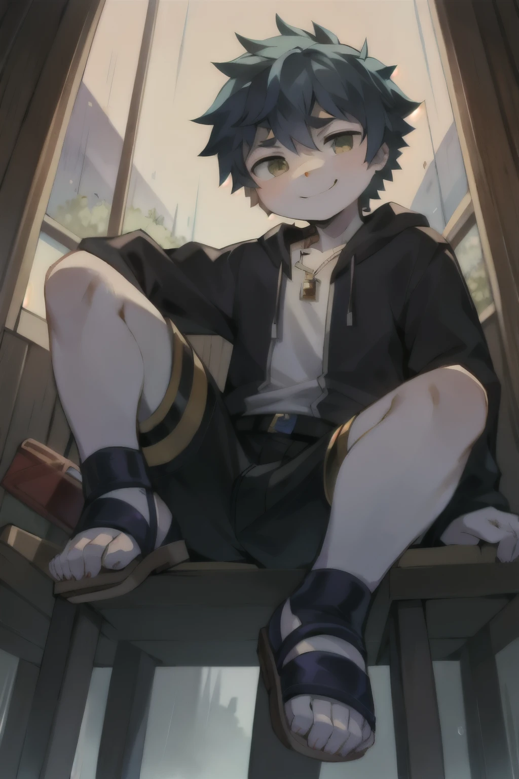Create a boy 12 yo with a smile on his face sitting on a banch in a rainy day, he is wearing a pair of black teva sandals and the camera is showing him from the bottom, he is watching us from the top and we have his feet with sandals on very close to our vision