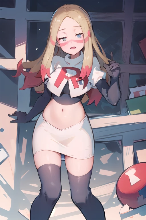 masterpiece, best quality, highres, abcmina, long hair, eyelashes, half-closed eyes, facepaint, team rocket,team rocket uniform,white skirt,red letter R,crop top,black thigh-highs,black elbow gloves,