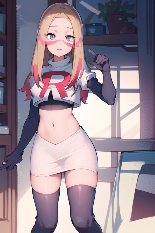 masterpiece, best quality, highres, abcmina, long hair, eyelashes, half-closed eyes, facepaint, team rocket,team rocket uniform,white skirt,red letter R,crop top,black thigh-highs,black elbow gloves,