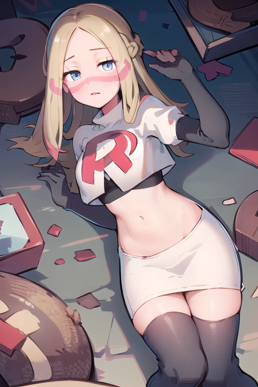 masterpiece, best quality, highres, abcmina, long hair, eyelashes, half-closed eyes, facepaint, team rocket,team rocket uniform,white skirt,red letter R,crop top,black thigh-highs,black elbow gloves,