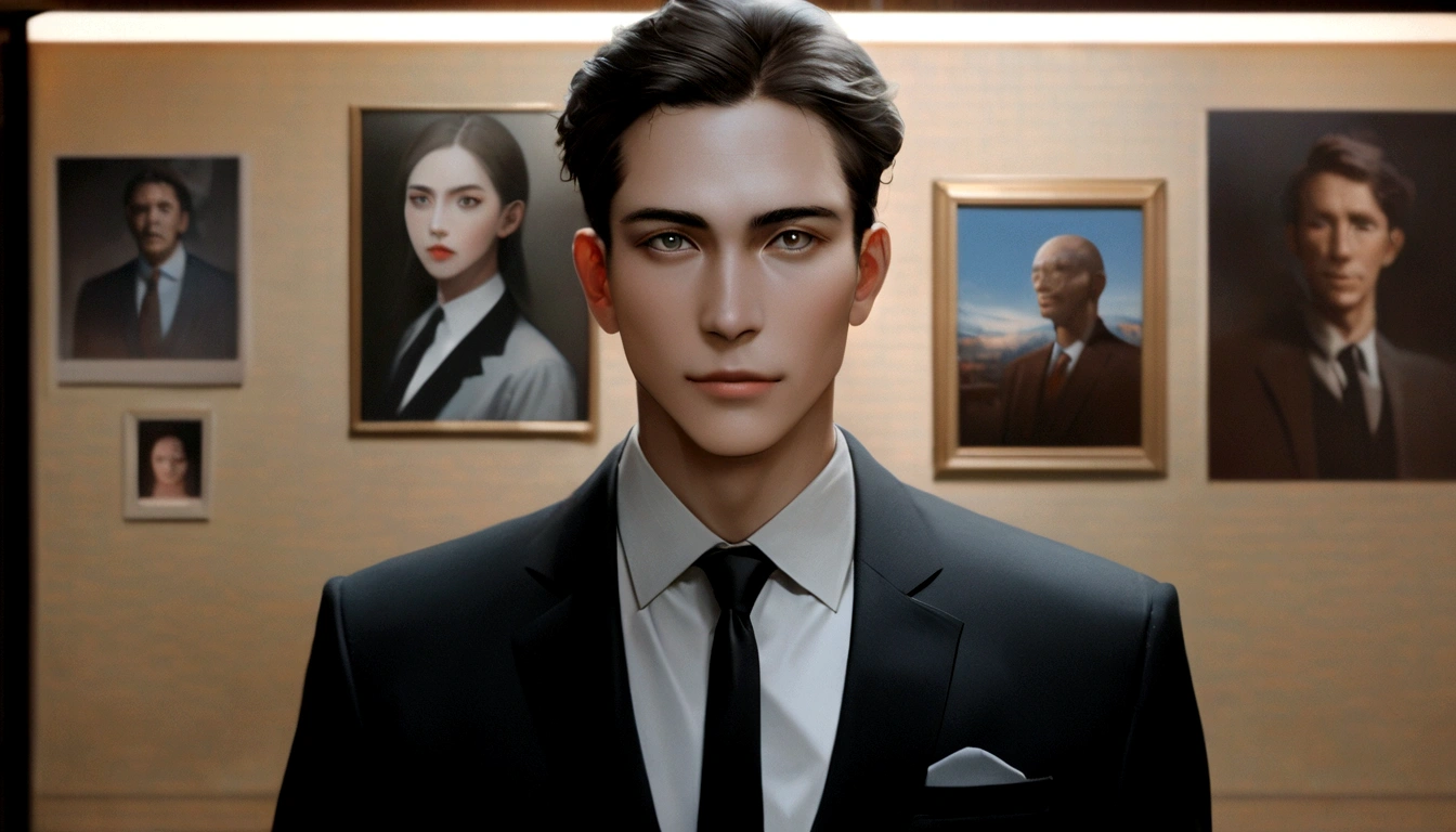 An 18-year-old man is standing in a suit and tie, In the photo, the body and head are straight., DSRL, Facing the viewer, Fix your eye on the lens, Shoulders and head are visible in the photo, The man in the center of the picture, 8k, highest quality, masterpiece, Realistic, Realistic photo, Movie Photos, ultra Realistic, 1 person, detailed, Perfect lighting, DSRL, Professional photos, 4K