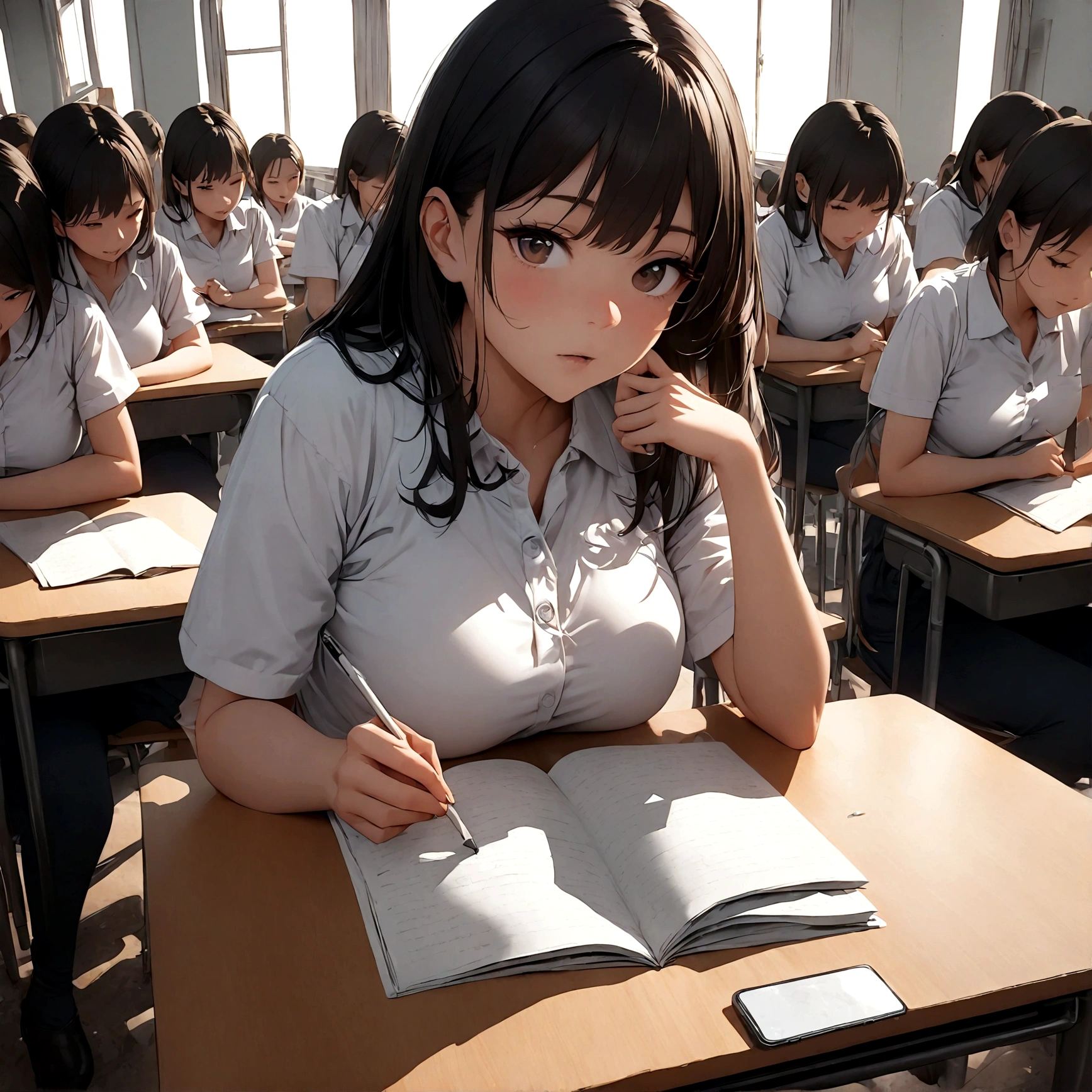 ((many students:1.9) are sitting at desk taking the exam:1.5), (1female taking selfie by iphone of herself taking the exam),1test paper on the each desk. BREAK ,quality\(8k,wallpaper of extremely detailed CG unit, ​masterpiece,hight resolution,top-quality,top-quality real texture skin,hyper realisitic,increase the resolution,RAW photos,best qualtiy,highly detailed,the wallpaper,cinematic lighting,ray trace,golden ratio\),(long shot),dramatic angle,(top-down view:1.3),looking away,(students and desks are lined up neatly :0.2),(better hands)