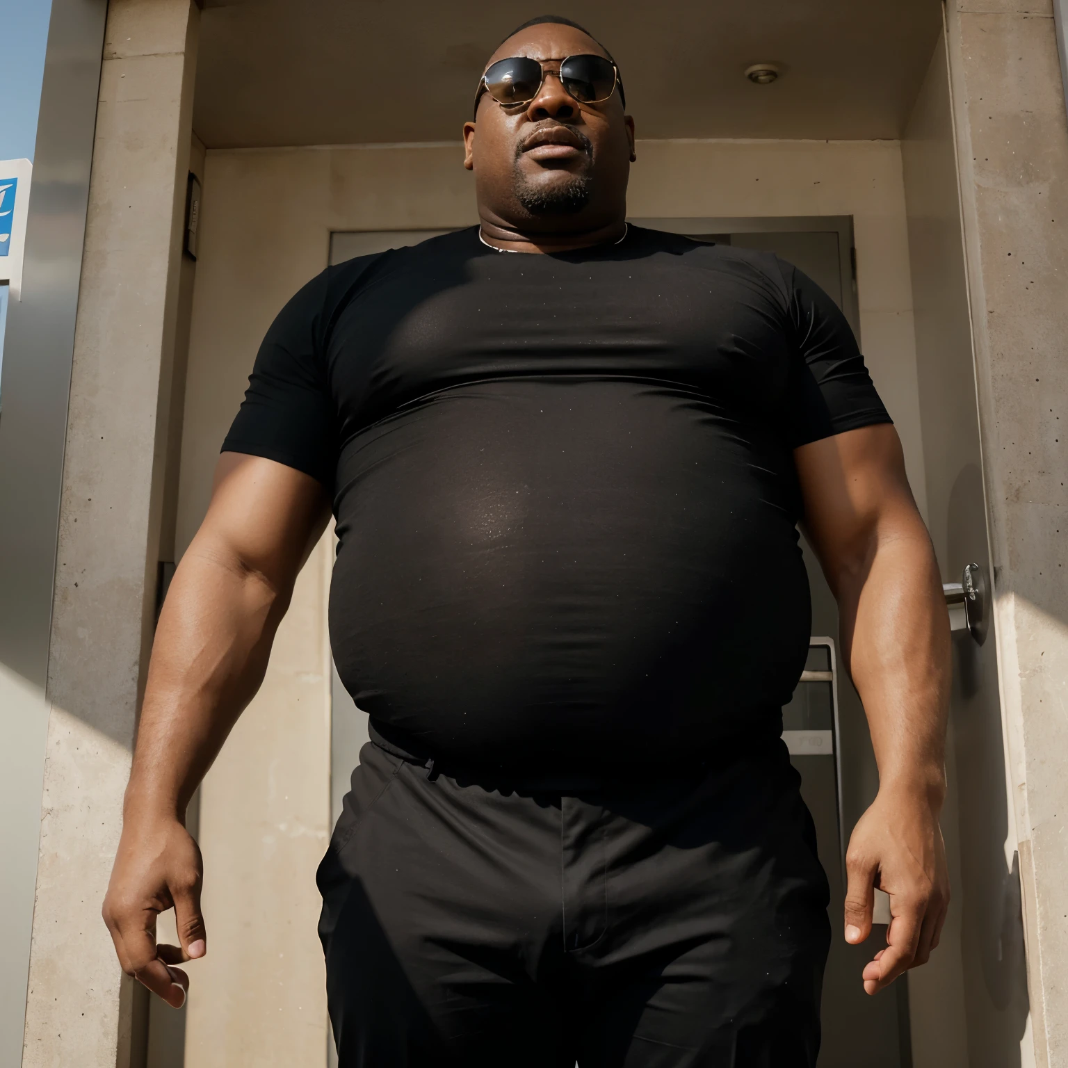 Un Hombre africano Calvo cacheton gigante, barrigon, serio, 50 years old grumpy with 35 meters tall as a policeman with a huge round shaped belly with a full heavy body, standing inside an elevator taking up space with a huge distended belly sticking out to the side like an expanding balloon, usando una camisa blanca, black pants, gafas de sol su vientre tiene la forma de un enorme globo lleno de agua colgando entre sus rodillas, con sus brazos abiertos