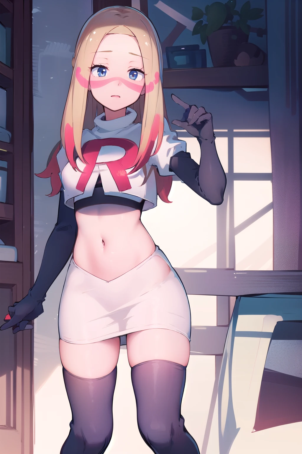 masterpiece, best quality, highres, abcmina, long hair, eyelashes, half-closed eyes, facepaint, team rocket,team rocket uniform,white skirt,red letter R,crop top,black thigh-highs,black elbow gloves,